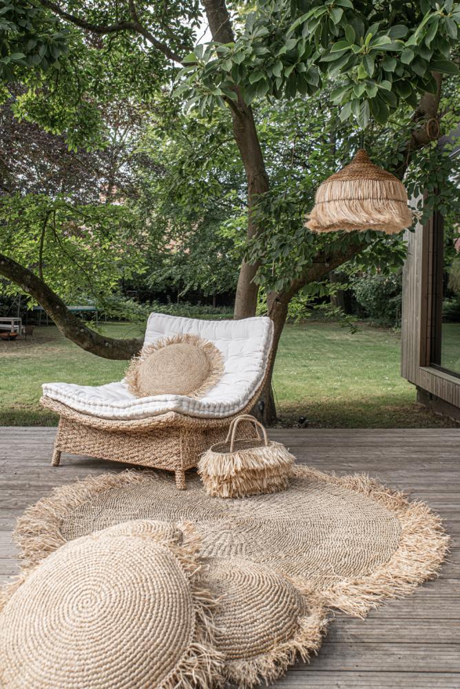 okrúhly vankúš so strapcami, vankúš z morskej trávy, prírodný vankúš, vankúš do obývačky, vankúš na terasu, bohémsky vankúš, boho vankúš so strapcami